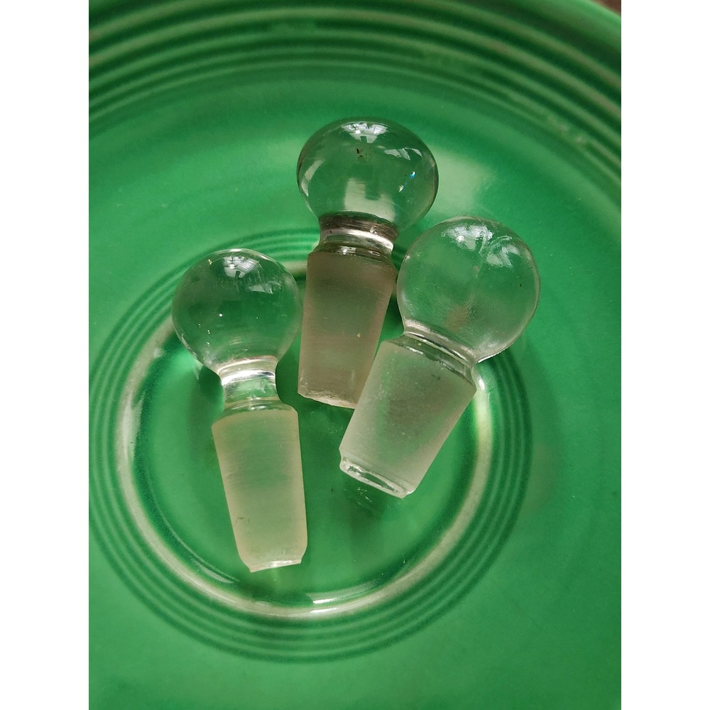 Vintage Clear Glass Bottle Stoppers Round Ball Top Ground Glass Set of 3